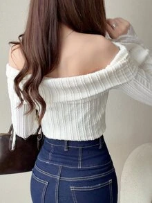 FRIFUL Women's Autumn Casual Solid Color Off-Shoulder T-Shirt - Apricot - View 7