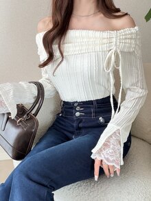 FRIFUL Women's Autumn Casual Solid Color Off-Shoulder T-Shirt - Apricot - View 5