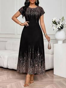 SHEIN Lady Vestido casual de fiesta de cuello redondo para mujer talla grande - Negro - Ver 3