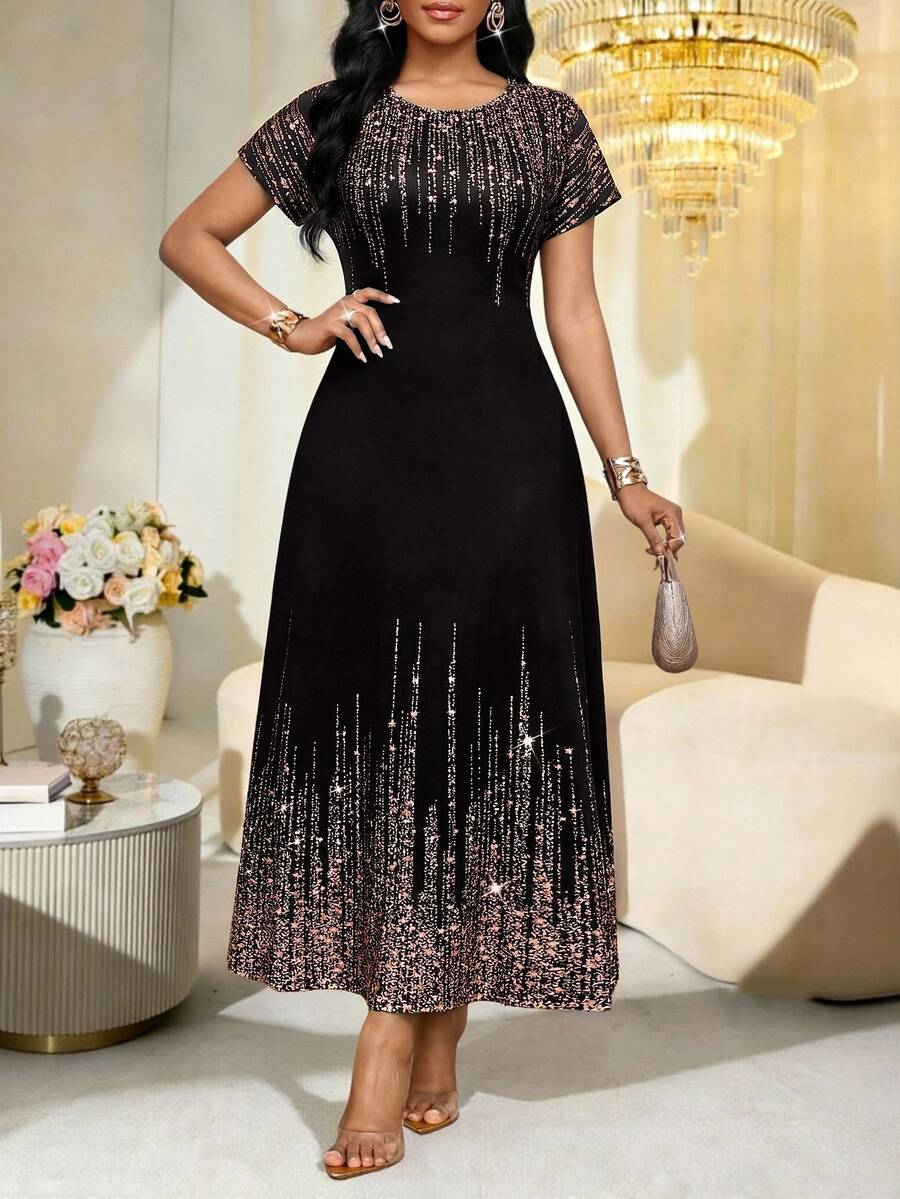 SHEIN Lady Vestido casual de fiesta de cuello redondo para mujer talla grande - Negro - Ver 1