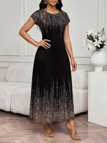 SHEIN Lady Vestido casual de fiesta de cuello redondo para mujer talla grande - Negro - Ver 4