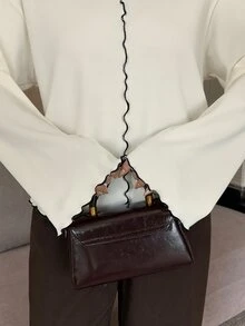 Dazy Plus Wavy Edge Dense Hem Patchwork Loose Casual Korean Style Bell Sleeve Long Sleeve T-Shirt Fall - Beige - View 1