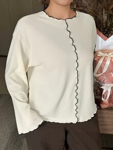 Dazy Plus Wavy Edge Dense Hem Patchwork Loose Casual Korean Style Bell Sleeve Long Sleeve T-Shirt Fall - Beige - View 5