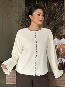 Dazy Plus Wavy Edge Dense Hem Patchwork Loose Casual Korean Style Bell Sleeve Long Sleeve T-Shirt Fall - Beige - View 4