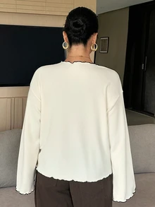 Dazy Plus Wavy Edge Dense Hem Patchwork Loose Casual Korean Style Bell Sleeve Long Sleeve T-Shirt Fall - Beige - View 2