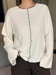 Dazy Plus Wavy Edge Dense Hem Patchwork Loose Casual Korean Style Bell Sleeve Long Sleeve T-Shirt Fall - Beige - View 7