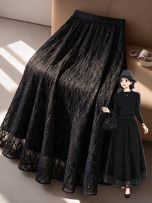 GlowEve CURVE 2026 Plus Size Women's Luxurious Sexy And Elegant Black And Gold Foil Skirt, A Must-Have For Formal Autumn Parties Party Night - Black - View 4