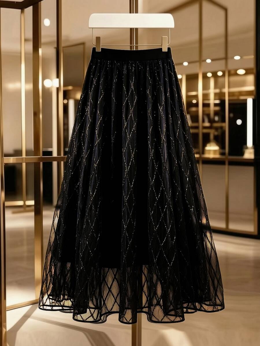 GlowEve CURVE 2026 Plus Size Women's Luxurious Sexy And Elegant Black And Gold Foil Skirt, A Must-Have For Formal Autumn Parties Party Night
