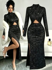 Elenzga New Women's Sexy Silver-Coated Knit Long Sleeve Dress With Small Stand Collar, Cross-Gathered Waist, Hollow-Out Design, Ruched Hem With Side Slit, Spring/Autumn Party & Casual Versatile Slimming Elegant Long Dress - Black - View 1