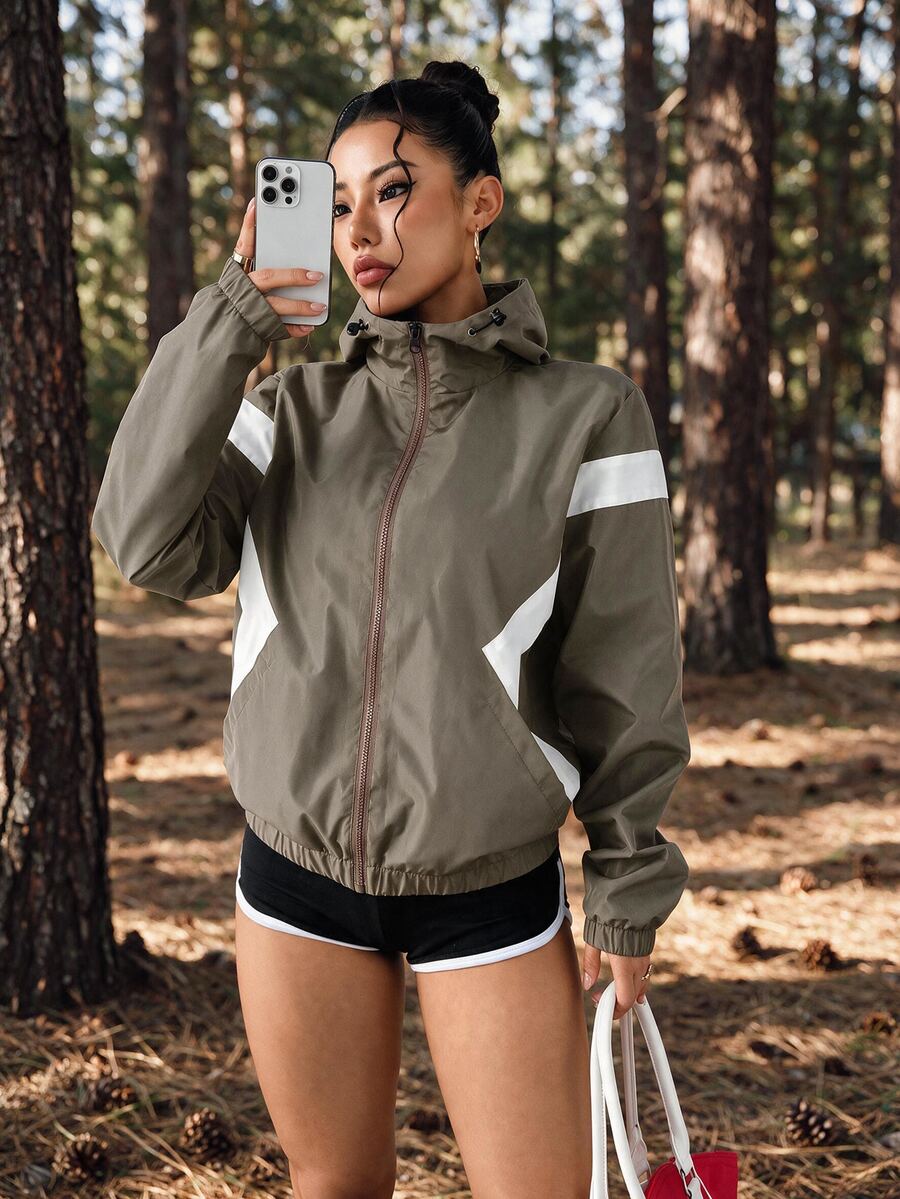 Exploreva Exploreva Women's Colorblock Long Sleeve Zip-Up Hooded Drawstring Sports Jacket,Trail Run Outfit - Flint Stone - View 1