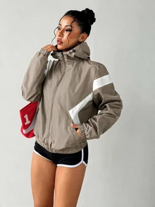 Exploreva Exploreva Women's Colorblock Long Sleeve Zip-Up Hooded Drawstring Sports Jacket,Trail Run Outfit - Flint Stone - View 5