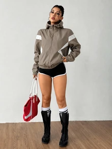 Exploreva Exploreva Women's Colorblock Long Sleeve Zip-Up Hooded Drawstring Sports Jacket,Trail Run Outfit - Flint Stone - View 7