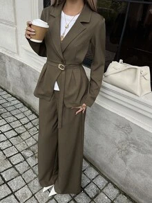 DAZY 秋季長袖收腰西裝外套與長直筒褲咖啡色優雅通勤風女款兩件套 - 棕色 - 查看 7