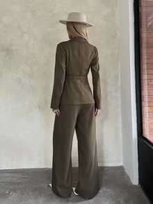 DAZY 秋季長袖收腰西裝外套與長直筒褲咖啡色優雅通勤風女款兩件套 - 棕色 - 查看 2