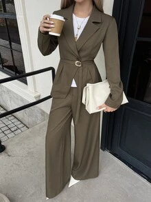 DAZY 秋季長袖收腰西裝外套與長直筒褲咖啡色優雅通勤風女款兩件套 - 棕色 - 查看 3