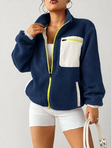 Exploreva Exploreva Women's Colorblock Zip-Up Casual Versatile Daily Outdoor T-Shirt - Navy Blue - View 8