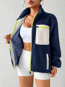 Exploreva Exploreva Women's Colorblock Zip-Up Casual Versatile Daily Outdoor T-Shirt - Navy Blue - View 6