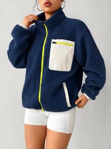 Exploreva Exploreva Women's Colorblock Zip-Up Casual Versatile Daily Outdoor T-Shirt - Navy Blue - View 7