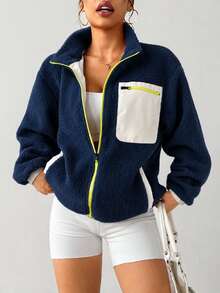 Exploreva Exploreva Women's Colorblock Zip-Up Casual Versatile Daily Outdoor T-Shirt - Navy Blue - View 9