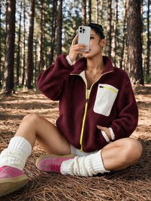 Exploreva 女款拼色拉鍊休閒日常戶外長袖夾克 - 酒紅色 - 查看 4