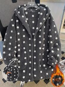 Comfylo Plus Size Women's Polka Dot Pattern Double-Sided Fleece Hooded Jacket - Multicolor - View 2