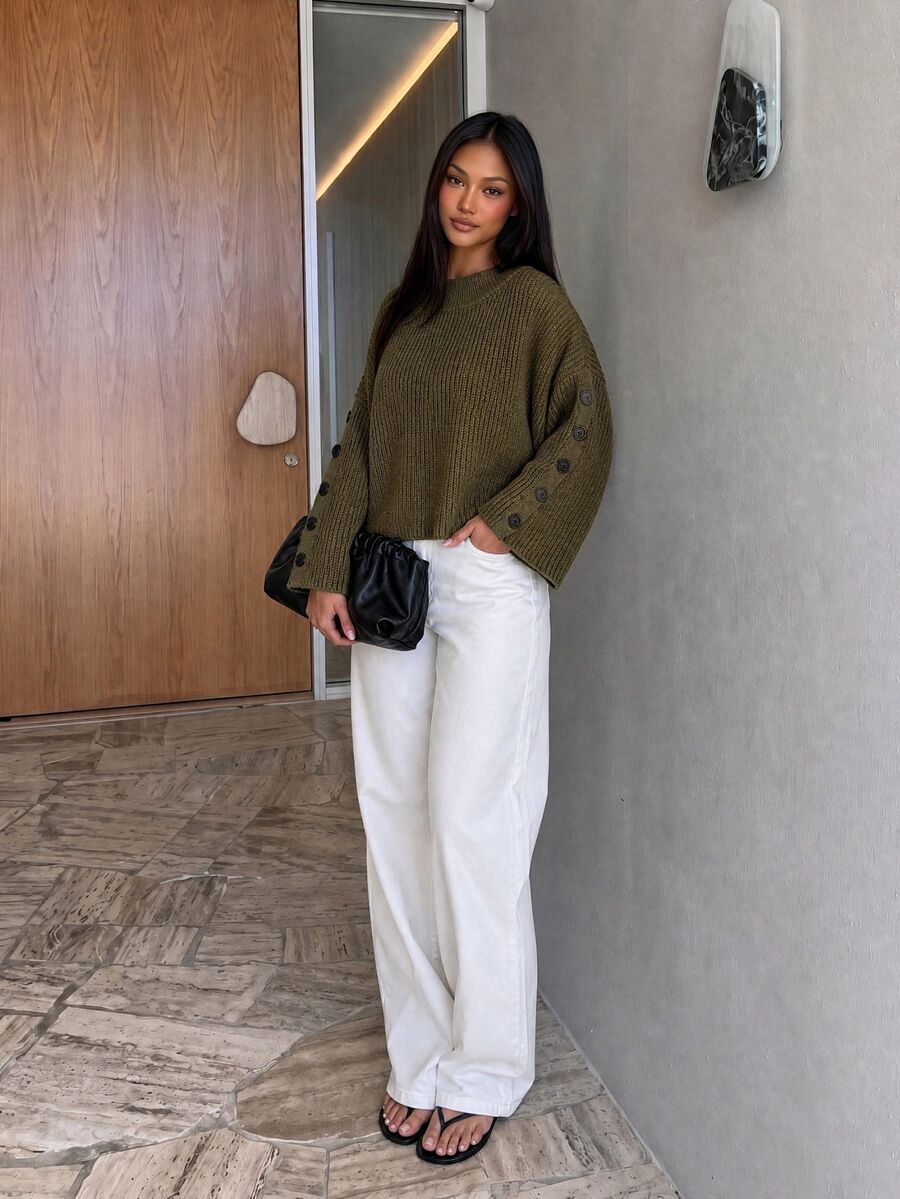 Siren Gaze Women Sweater With Button Army Green - Army Green - View 1