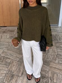 Siren Gaze Women Sweater With Button Army Green - Army Green - View 5