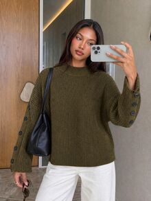 Siren Gaze Women Sweater With Button Army Green - Army Green - View 6