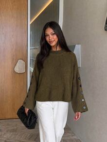 Siren Gaze Women Sweater With Button Army Green - Army Green - View 3