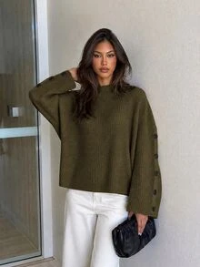 Siren Gaze Women Sweater With Button Army Green - Army Green - View 4