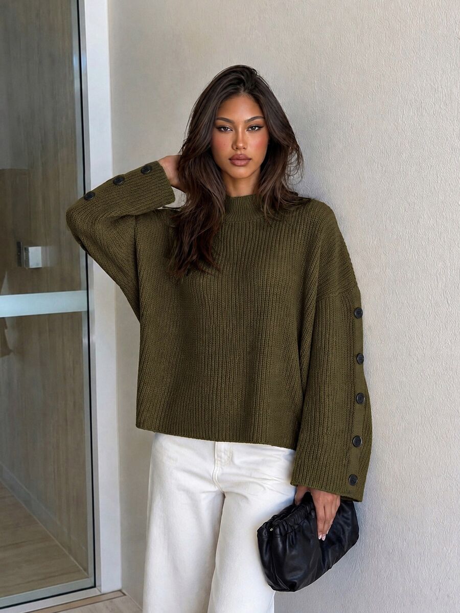 Siren Gaze Women Sweater With Button Army Green - Army Green - View 1