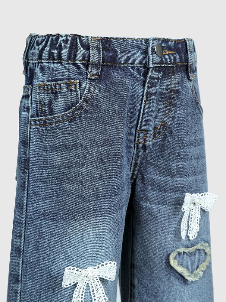 Denimly Spring/Summer New Toddler Girls Denim Jeans, Light Blue Tone Denim With Relaxed Vibe, Wide Leg Style Hiding A Little Laziness, Soft Denim Fabric Like Being Wrapped In Clouds, Heart Embroidery Like A Heartbeat Signal, Hidden Romance, Elastic Waist Design No Tightness On Belly, Super Comfortable For Running And Jumping! Pair With Simple White T-Shirt For Instant Campus Look - Dark Wash - View 4