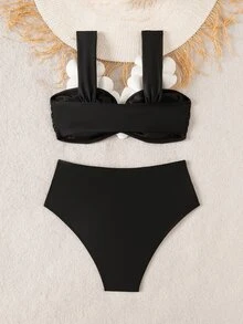SHEIN Swim 针织假日派对户外海滩新年性感沙滩泳池派对3D花卉冬季圣诞节两件套，爆款无线优雅夏季女士比基尼泳装 - 彩色 - 查看 2