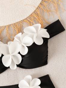 SHEIN Swim 针织假日派对户外海滩新年性感沙滩泳池派对3D花卉冬季圣诞节两件套，爆款无线优雅夏季女士比基尼泳装 - 彩色 - 查看 3