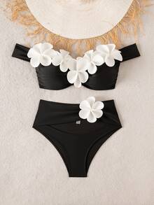 SHEIN Swim 针织假日派对户外海滩新年性感沙滩泳池派对3D花卉冬季圣诞节两件套，爆款无线优雅夏季女士比基尼泳装 - 彩色 - 查看 8