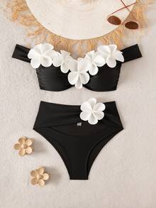 SHEIN Swim 针织假日派对户外海滩新年性感沙滩泳池派对3D花卉冬季圣诞节两件套，爆款无线优雅夏季女士比基尼泳装 - 彩色 - 查看 7