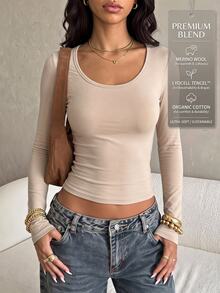 SHEIN PETITE Kaos Kasual Lengan Panjang Crop Minimalis Warna Polos untuk Wanita - Khaki - View 5