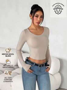 SHEIN PETITE Kaos Kasual Lengan Panjang Crop Minimalis Warna Polos untuk Wanita - Khaki - View 12