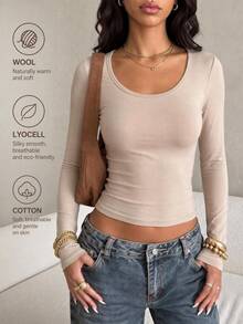 SHEIN PETITE Kaos Kasual Lengan Panjang Crop Minimalis Warna Polos untuk Wanita - Khaki - View 1