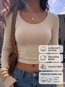SHEIN PETITE Kaos Kasual Lengan Panjang Crop Minimalis Warna Polos untuk Wanita - Khaki - View 8