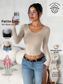 SHEIN PETITE Kaos Kasual Lengan Panjang Crop Minimalis Warna Polos untuk Wanita - Khaki - View 6