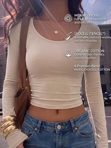 SHEIN PETITE Kaos Kasual Lengan Panjang Crop Minimalis Warna Polos untuk Wanita - Khaki - View 3