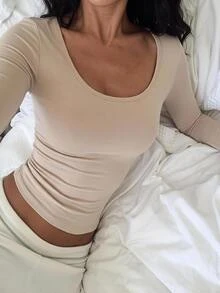 SHEIN PETITE Kaos Kasual Lengan Panjang Crop Minimalis Warna Polos untuk Wanita - Khaki - View 7