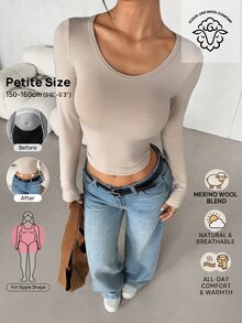 SHEIN PETITE Kaos Kasual Lengan Panjang Crop Minimalis Warna Polos untuk Wanita - Khaki - View 10