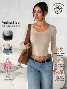 SHEIN PETITE Kaos Kasual Lengan Panjang Crop Minimalis Warna Polos untuk Wanita - Khaki - View 4