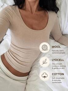 SHEIN PETITE Kaos Kasual Lengan Panjang Crop Minimalis Warna Polos untuk Wanita - Khaki - View 2