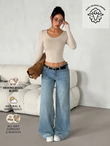 SHEIN PETITE Kaos Kasual Lengan Panjang Crop Minimalis Warna Polos untuk Wanita - Khaki - View 11