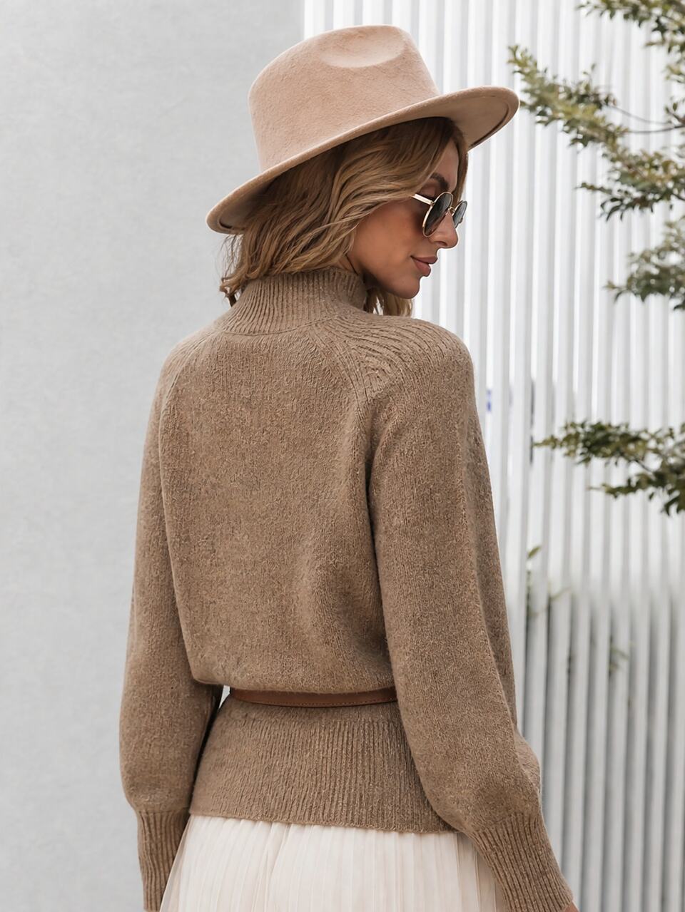 Women's Fall/Winter Elegant Casual Brown Floral Embroidery High Neck Puff Sleeve Loose Knit Sweater Pullover For Office Party Going Out Church