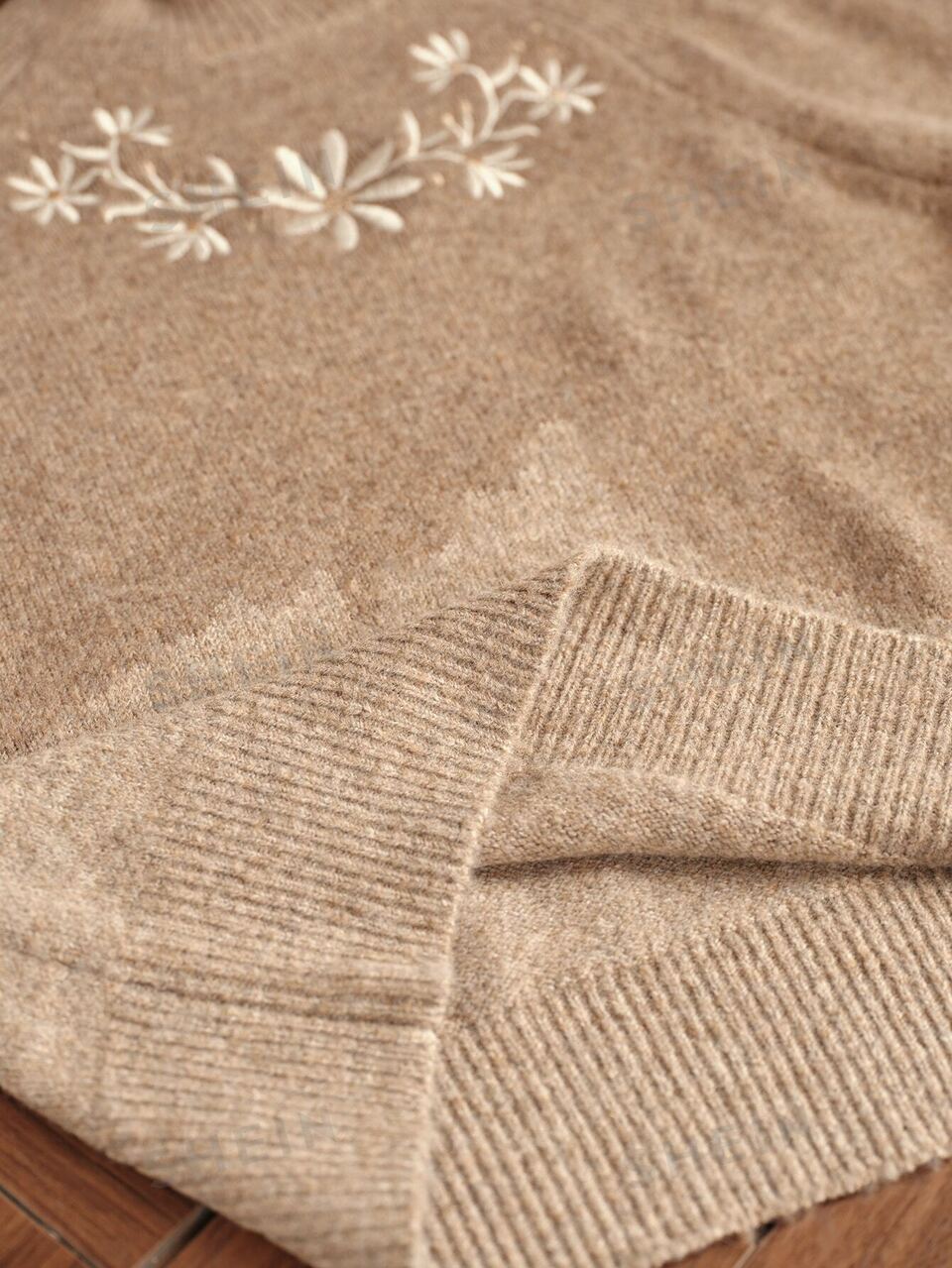 Women's Fall/Winter Elegant Casual Brown Floral Embroidery High Neck Puff Sleeve Loose Knit Sweater Pullover For Office Party Going Out Church