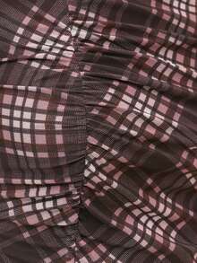 Nöista Womenswear Printed Top With Checks Fabrics In Tonal Autumn Colors, With Neck Gathering Detail, Perfect Top For Layering And Fall Winter Looks. - Coffee Brown - View 13